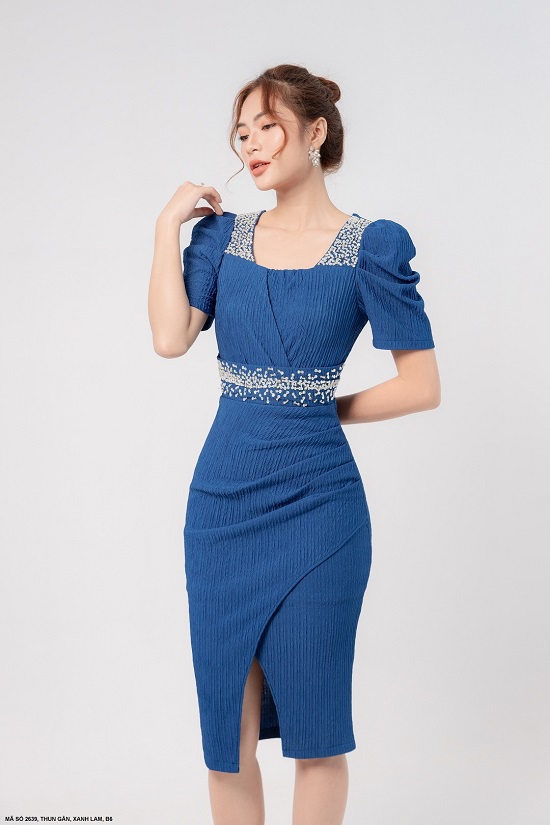 Đầm Ôm Tay Dún Cổ Đính Hạt Sang Trọng - 2639 (2639) chụp thực tế - Thời Trang Minh Ngọc